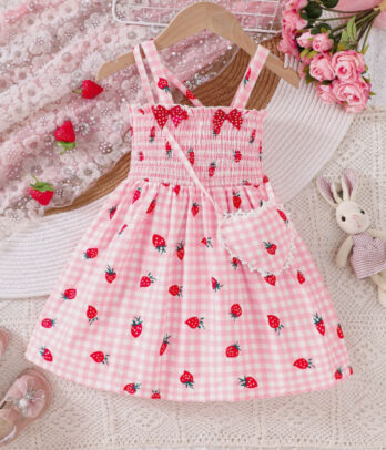 Robe et sac rose à carreaux pour fillette imprimé fraise
