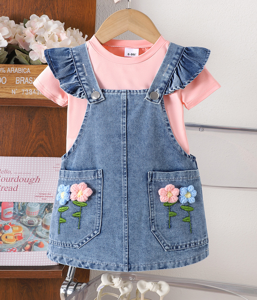 Generative Fill Ensemble bébé fille salopette jean et t-shirt rose – Image 1