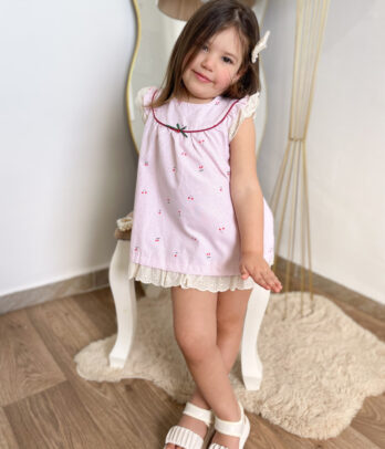 Robe fillette rayée rose aux cerises