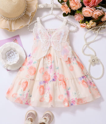 Robe fillette fleurie beige rosé