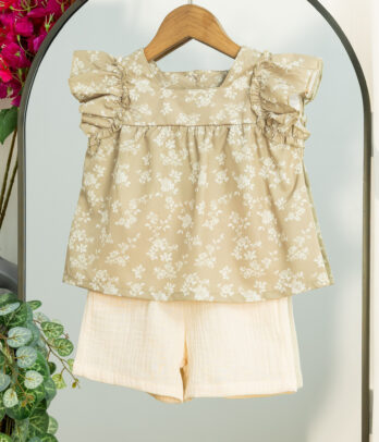 Ensemble fille blouse kaki imprimée & short écru