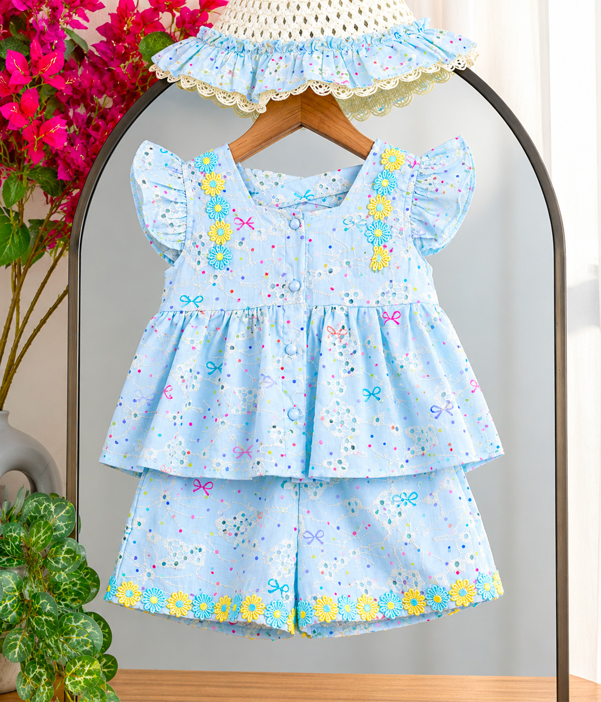 kjbkbj Duo bleu ciel aux fleurs pastel – Image 1