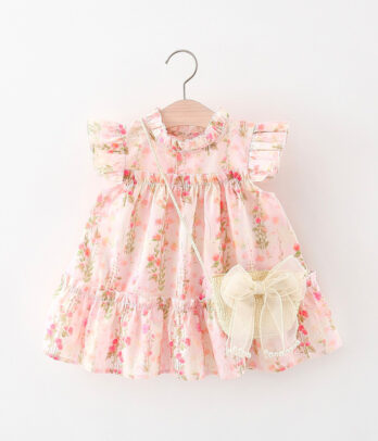 Robe fillette fleurie rose avec sac assorti