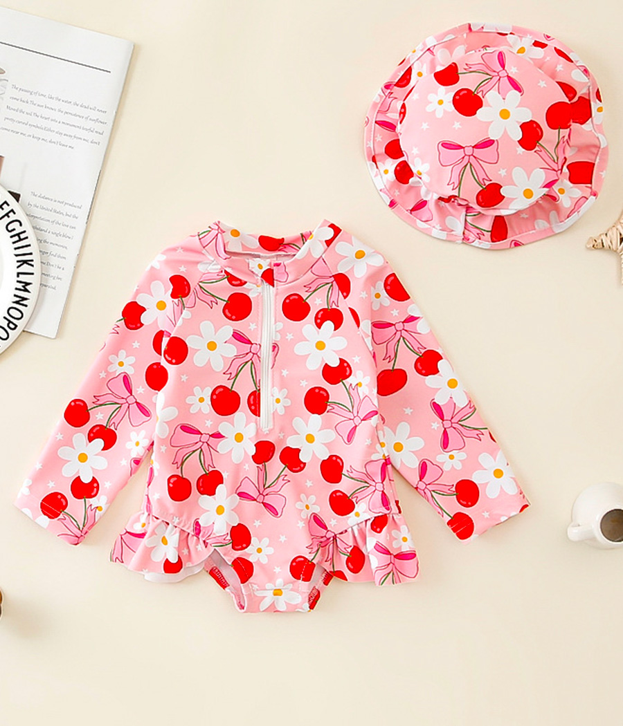 1719-155 (4) Maillot de bain bébé fille rose imprimé cerises – Image 1