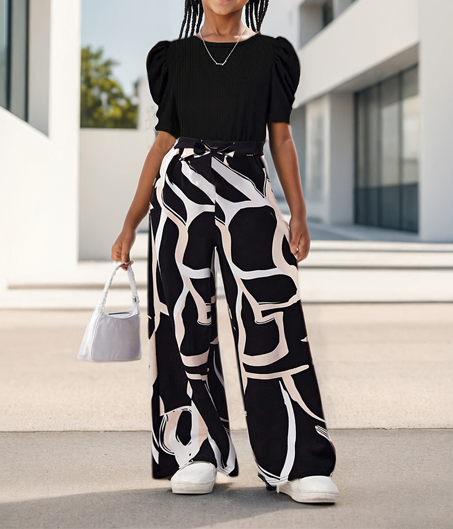 1719-222-1 Ensemble fille haut noir & pantalon imprimé – Image 1