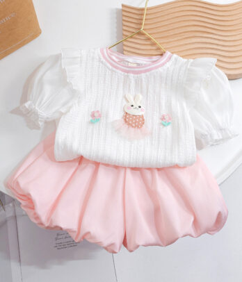 Ensemble bébé fille 2 pièces rose et blanc avec sac