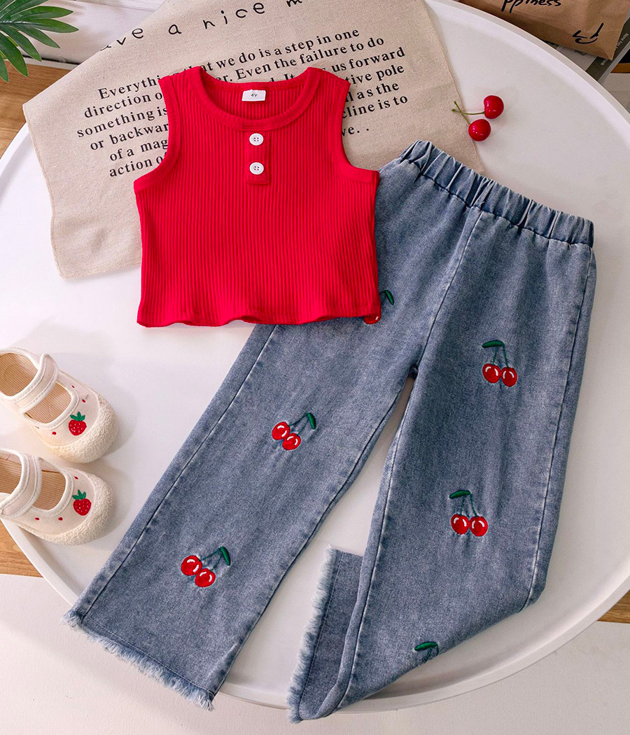 1719-258 (2) Ensemble fille top rouge & jean cerises – Image 1