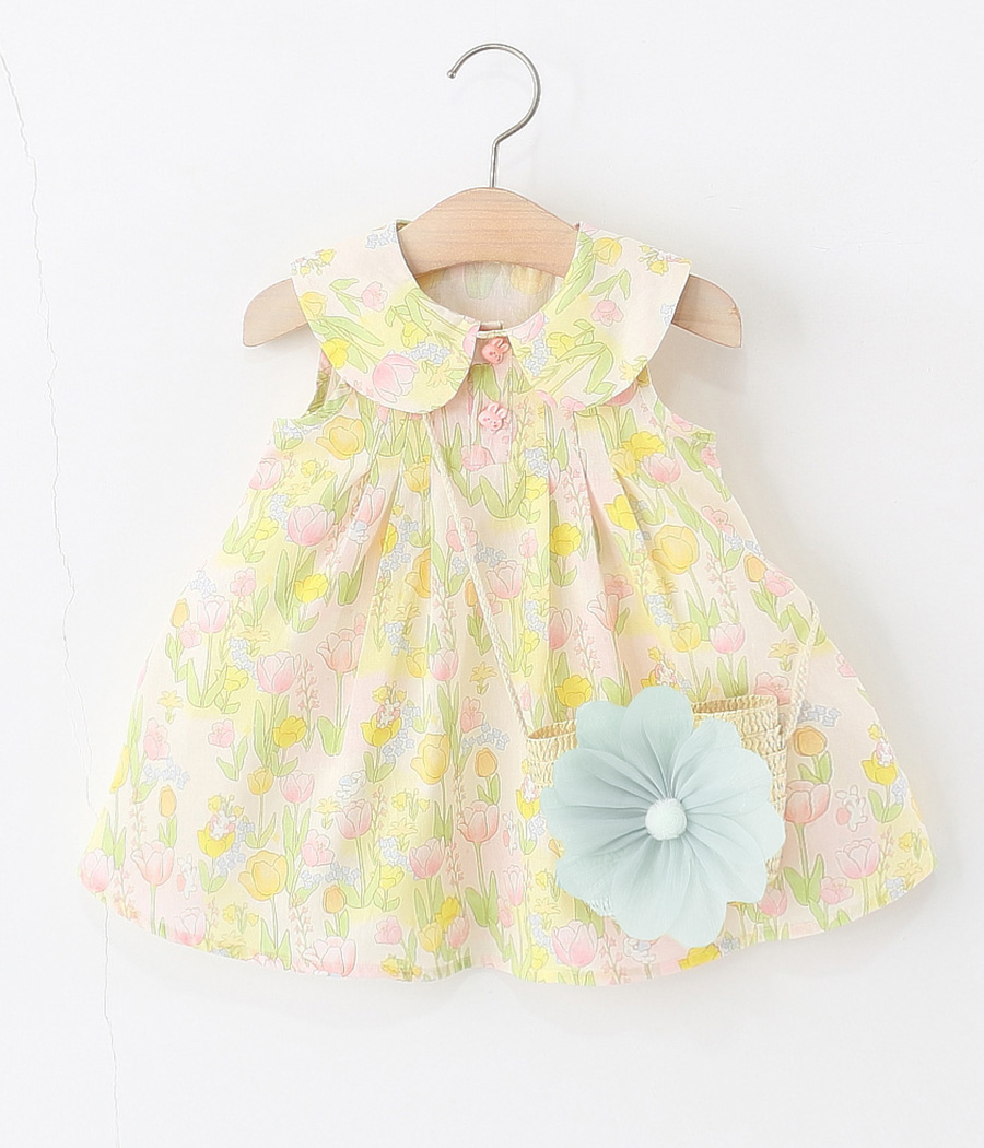 1719-83 Robe bébé fille imprimé floral pastel avec sac assorti – Image 1