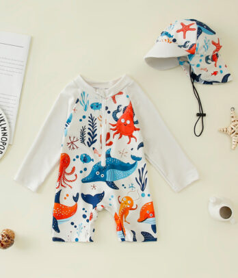 Maillot de bain bébé garçon univers marin avec chapeau assorti