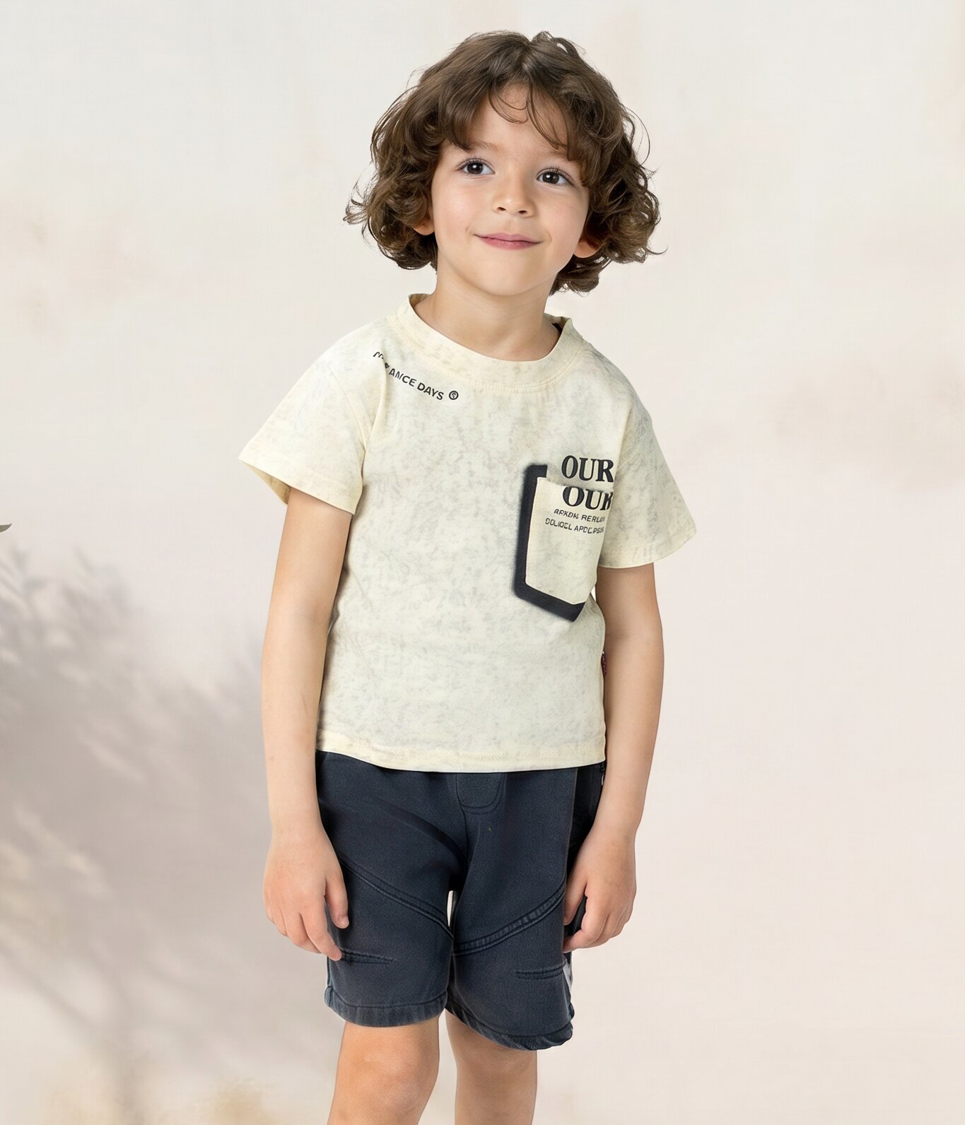 521945 Ensemble garçon t-shirt beige imprimé et short noir – Image 1