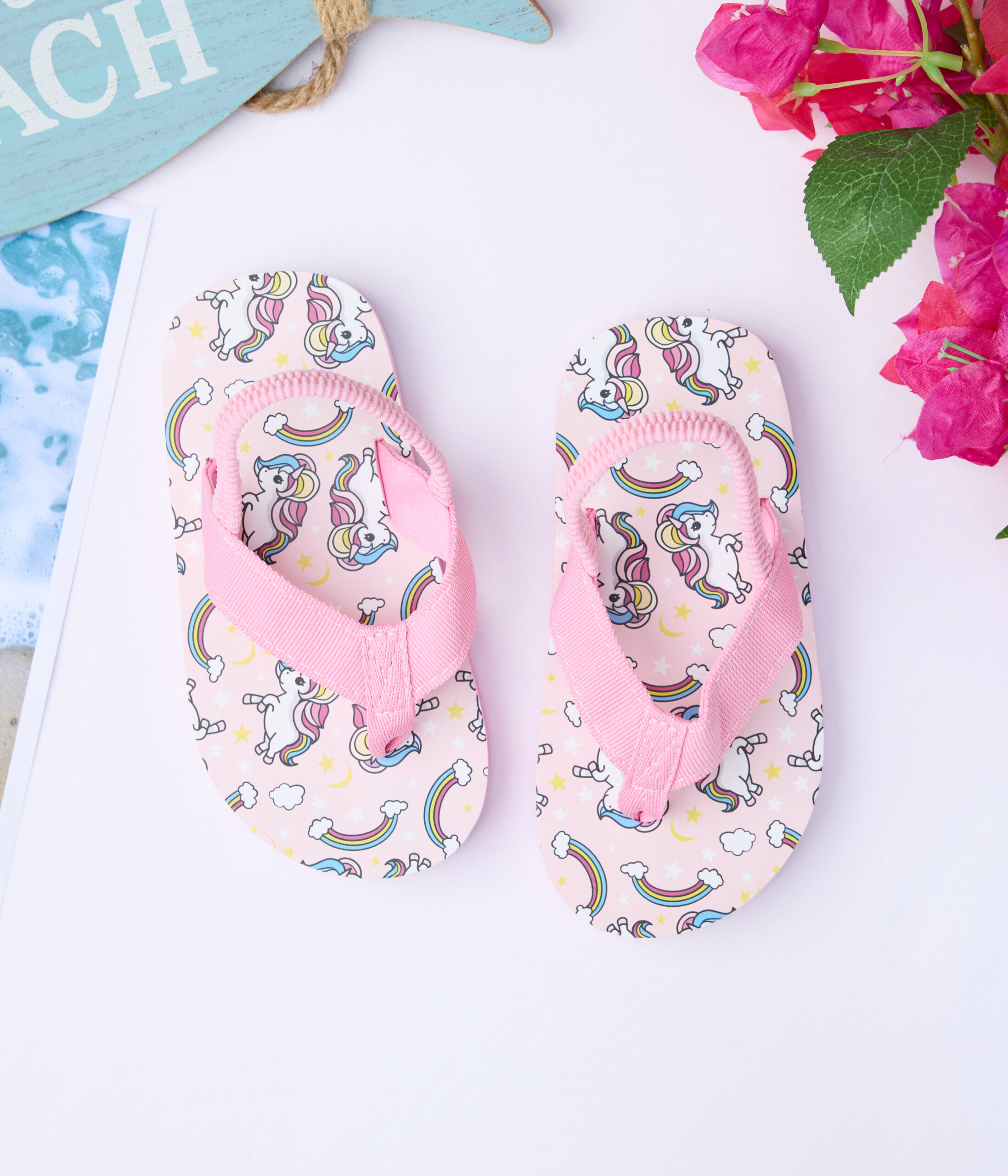 732828 167 Tongs bébé fille roses imprimé licorne – Image 1