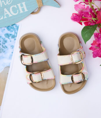 Mules fille beige brodées – Double boucle dorée