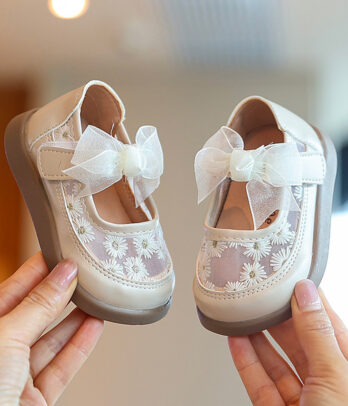 Ballerines bébé beige fleuries – Nœud Organza